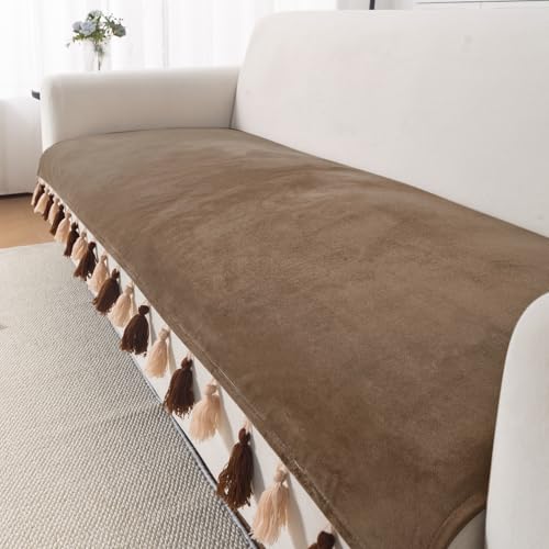 Image of HOKIPO Sofa Cover Mat with Tassel for 1 /2 /3 Seater & L Shape Sofa | DIY Sofa Cover Set | Dyed Holland Velvet | 'TasselTone Series' 70(W) x 170(L) cm |Warm Taupe (IN-1108-BRN)