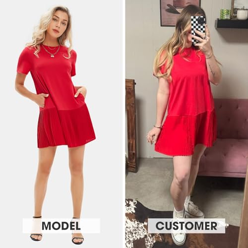Image of EXLURA Womens Summer Casual Short Sleeve Dress Crewneck Tshirt Dresses Pleated Aline Mini Dress 2025 Vacation Beach Sundress