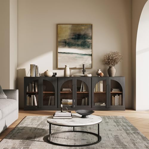 Image of BELLEZE Bijou Set of 3 Modular Sideboard Cabinets (94.5 inch Extra Long) - 6-Door Media Console - Modern Arched Glass Buffet Credenza for Large Kitchen & Living Area- Ebony