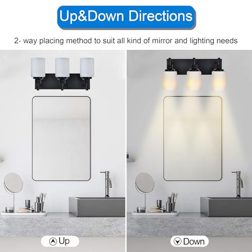 Image of MELUCEE 3-Light Black Bathroom Light Fixtures, Modern Vanity Light Over Mirror Wall Sconces with Milky White Frosted Glass Shades, Suit for Bathroom Dressing Room Laundry Room Kitchen, E26 Socket