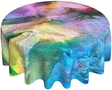 Art Abstract Bright Rainbow Oil Pattern Tablecloth, Abstract Art Rainbow Border Print Easy Care Fabric Tablecloth, 60” for Dinner Table Decor
