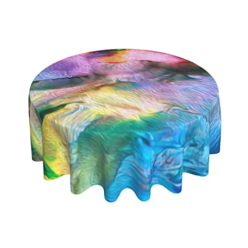 Art Abstract Bright Rainbow Oil Pattern Tablecloth, Abstract Art Rainbow Border Print Easy Care Fabric Tablecloth, 60” For Dinner Table Decor #TOP11
