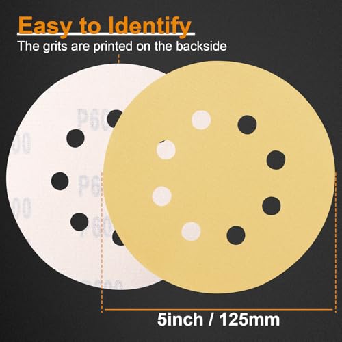 Image of 100PCS 5 Inch Sanding Discs, 8 Hole Hook and Loop 600 Grit Sandpaper, Round Sand Paper for Random Orbital Sander