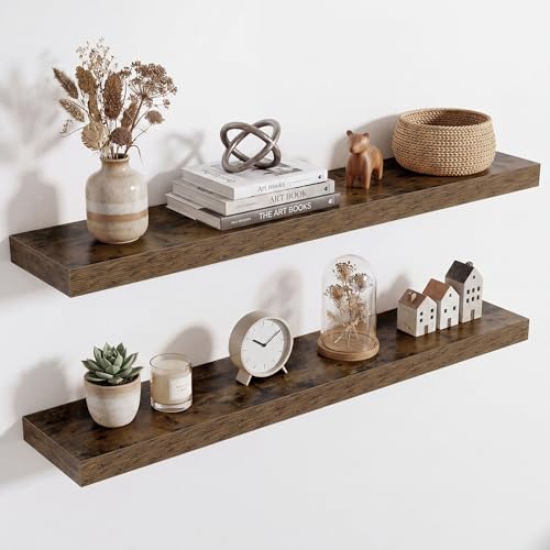 Image of Acovy 36in Long Floating Shelves for Wall Set of 2, Wood Wall Shelves for Bathroom Bedroom Kitchen Living Room Laundry Room, Modern Floating Shelf for Home Decor