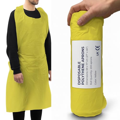 Disposable Aprons Multipurpose Strong Waterproof Plastic Aprons Yellow Roll Pack of 200 in Bulk Roll Pack Sizes Ideal for Catering, Cooking, Clinics, Hospitality & Workplace Protection.