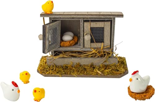 Super Idee Miniatur Hühnerstall mit Hühnern Küken und Eiern Krippenzubehör fürs Puppenhaus Ostern Frühling Dekoration Miniaturgarten Feengarten Bauernhof Weihnachten Wichteltür Zubehör