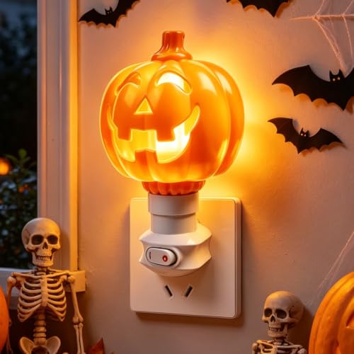 Klarlight Halloween Pumpkin Orange Night Light Jack-O-Lantern Plug Into Wall Flame Light Bulb 2W LED E26 Bulb 360 Rotatable US Plug for Spooky Halloween Christmas Cute & Funny Decoration 1 Pack