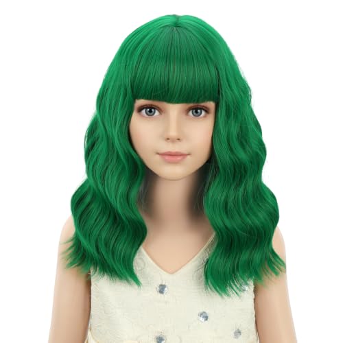 Image of PATTNIUM Kids Green Wig for Girls Green Child Wig with Bangs Short Wavy Wigs for Kids Shoulder Length Heat Resistant Synthetic Wigs