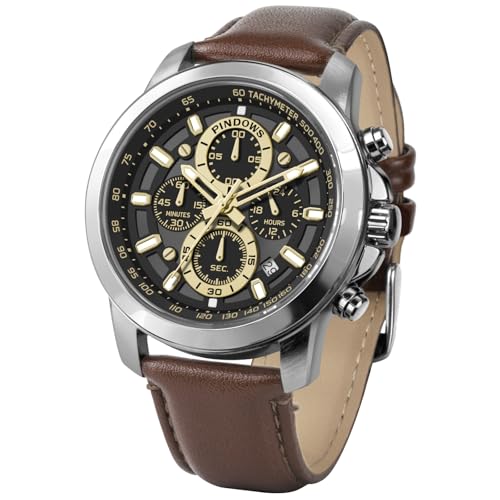 Image of PINDOWS Watch for Men Black Brown Leather Sport Multifunction Chronograph Watches Big Dial Fashion Quartz Wristwatches