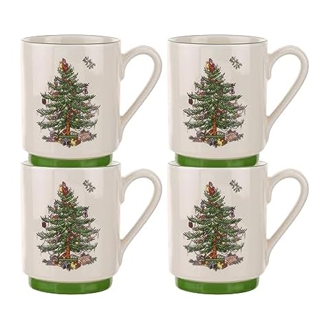 Spode Christmas Tree Stackable Mugs, Set of 4 - Festive 12oz Holiday Coffee Cups for Tea, Hot Cocoa - Fine Earthenware, Space-Saving Design, Dishwasher & Microwave Safe - Holiday Drinkware Cover