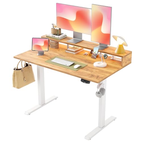 Image of Agilestic 48x24 Inch Electric Standing Desk with Shelf, Height Adjustable Desk with Power Outlets & LED, Sit Stand Up Table with Monitor Stand, Computer Workstation, Light Rustic Brown