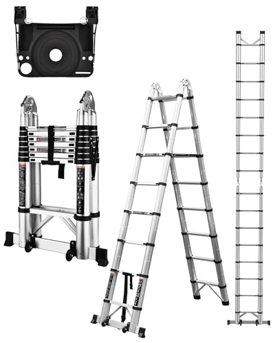 Soctone Telescoping Ladder A Frame with Wheels, 16.5 Ft Aluminum Extension Ladder, Portable...