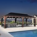 PURPLE LEAF 12' X 24' Outdoor Hardtop Gazebo for Patio Galvanized Steel Double Roof Permanent Canopy Teak Finish Coated Aluminum Frame Pavilion Gazebo with Netting and String Lights