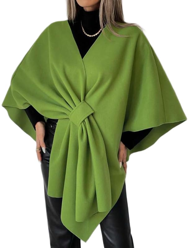 PATAKADEVI | Lime Green Poncho Cape Top Oversized V Neck Blouse With Side Knot Detail | For Sophisticated Layering And Formal Attire-image-30