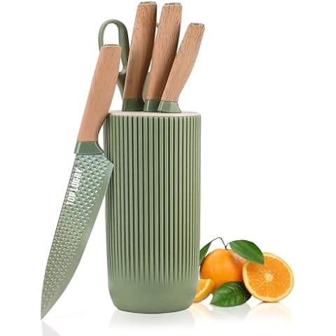Kitchen Knife Set, Retrosohoo 6 Pieces Green Professional Knife Set with Universal Knife Block, Super Sharp Knife Set with Ergonomic Handle, Non-stick Stainless Steel Knife Block Set (Green) Cover