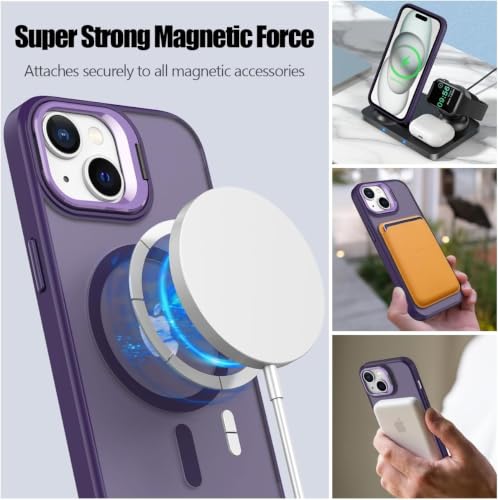 Image of Elzzi Kickstand Case for iPhone 15 Case Compatible with MagSafe, Built-in Adjustable Camera Guard Stand, Translucent Matte Anti-Fingerprint Heavy Duty Shockproof Phone Cover - Deep Purple