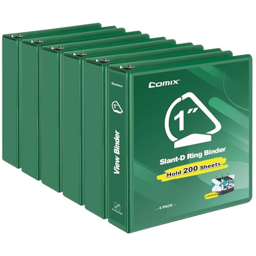 COMIX Sturdy 1 Inch Binders 3 Ring with Clear View Cover 1 Slant-D Ring View Binder Holds 225 Sheets of US Letter Size Paper 6 Pack (Green)
