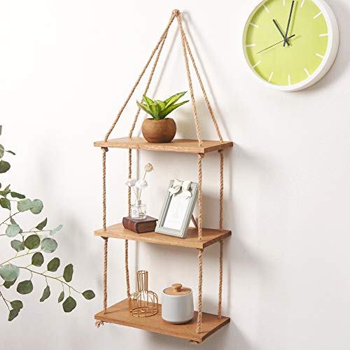 Sand Mine 3 Tier Wood Hanging Shelf, Floating Wall Swing Storage Shelves, Jute Rope Organizer Rack, Wall Shelf Plant Shelf Rope Shelf Storage Shelf Swing Shelf Floating Shelves Handmade Shelves #TOP4