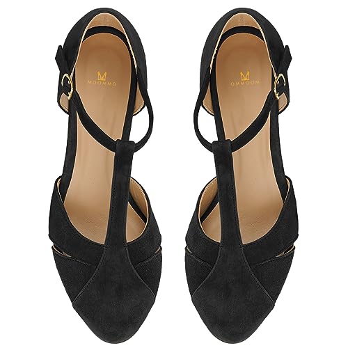 MOOMMO Women Kitten Heel Mary Jane Pumps Shoes Ankle T-Strap Round Closed Toe Cut Out Dress Sandals Mid Chunky Heels Suede Pumps Office Work Shoes Buckle Patchwork Wedding Party Vintage 4-11 M US4