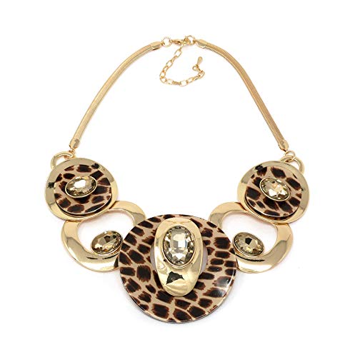 Fashion 21 Women's Celluloid Acetate Oval Disc Glass Stone Metal Link Statement 17 inches Plus Extension Link Necklace