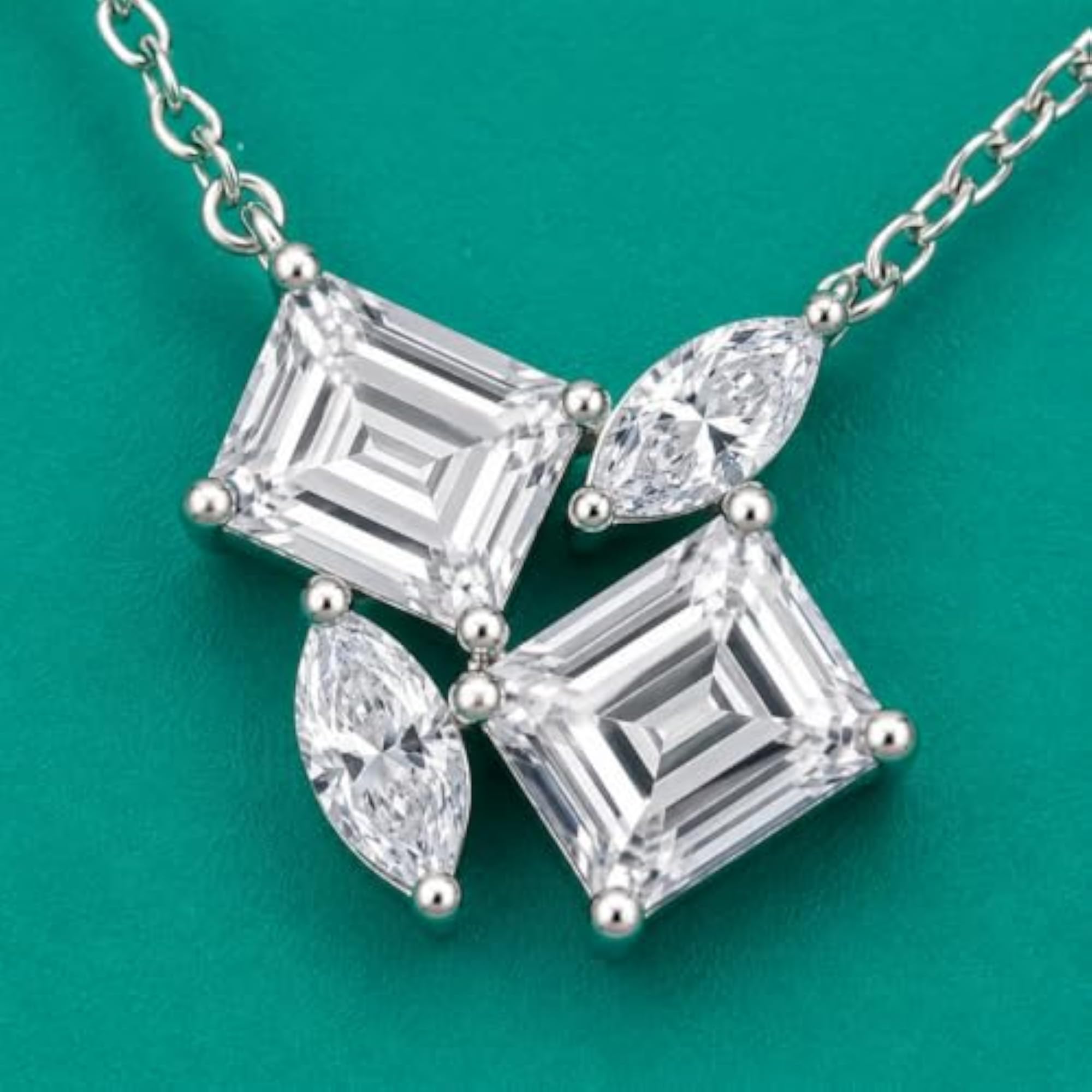 Women's 925 Silver Emerald Cut Crystal Cluster Pendant Necklace