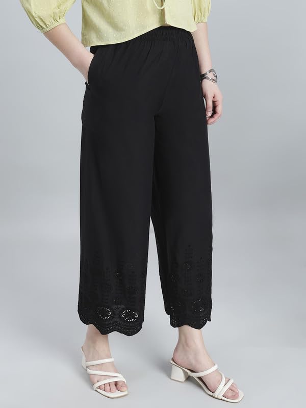 Image of GO COLORS Soft Cotton Embroidered Wide Pant Full Length for Women | Mid Rise, Breathable