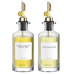 Olive Oil Dispensers Bottle for Kitchen, Coffee Syrup Dispenser, Glass Oil Bottle, Oil and Vinegar Dispenser Set with Weighted Pourer and 40 Labels, Gold 350 ml, Set of 2
