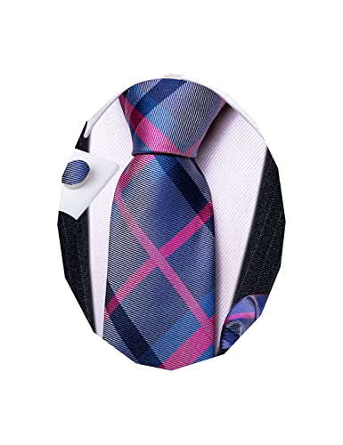 Image of Barry.Wang Plaid Ties Check Mens Necktie Set with Handkerchief Cufflinks Classic Stripe