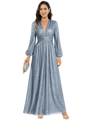 Image of Women's Formal Wedding Guest V Neck Glitter Sequins Mother of The Bride Dresses Long Sleeve