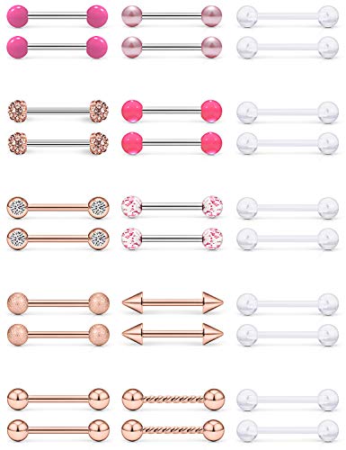 Prjndjw 14G Nipple Rings Tongue Rings Straight Barbell Body Piercing Jewelry For Women Man Clear Cz Diamonds Nipple Piercings Nipple Acrylic Retainer Rings 16Pairs Rose Gold #TOP15