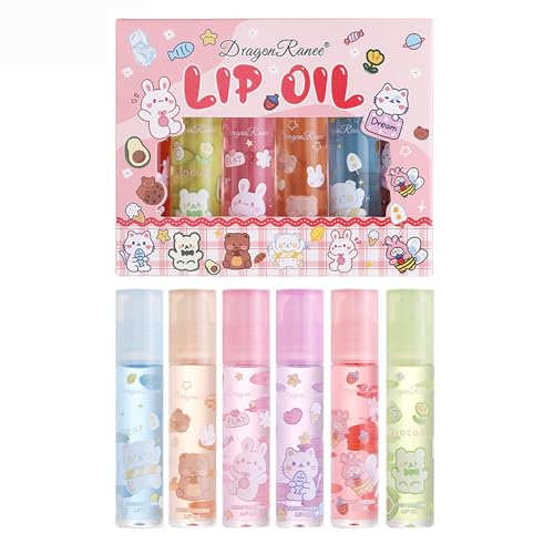 Fruchtig Lipglosse Obst Geschmack Feuchtigkeitsspendende Lippenstifte, Transparente Farblose Prallere Lippenlotion Rollende Kugel Lippenöl flüssiger Lippenstift für Fuller Hydratisiert Lippen (6PCS-B)