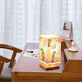 Square Bedside Table Lamp Watercolor Painted Seahorse Seamless Wooden Base Flaxen Fabric Shade Dimmable Nightstand Lamp…