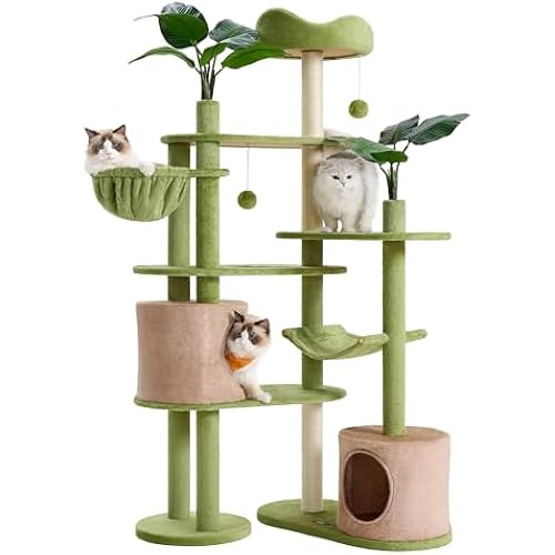 Feandrea Cat Tree, 68.1-Inch Multi-Level Plush Cat Tower, Artificial Leaves
