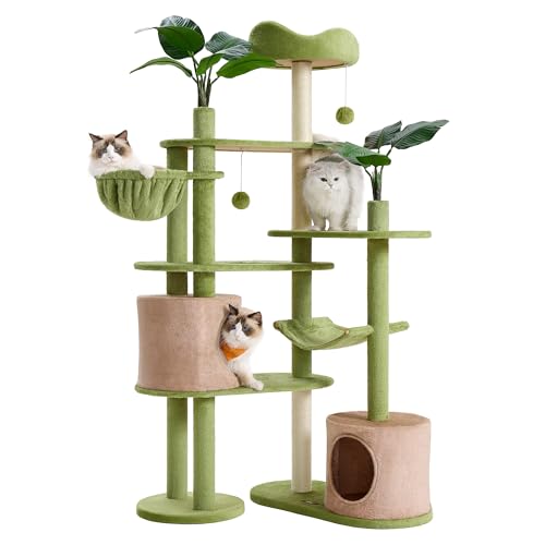 Feandrea Cat Tree, 68.1-Inch Tall Cat Tower, Multi-Level Plush Condo with Artificial Leaves, 3 Scratching Posts, 2 Pompoms with Bells, Grass Green and Camel Brown UPCT330C01 by Feandrea - Used condition - US$77.83