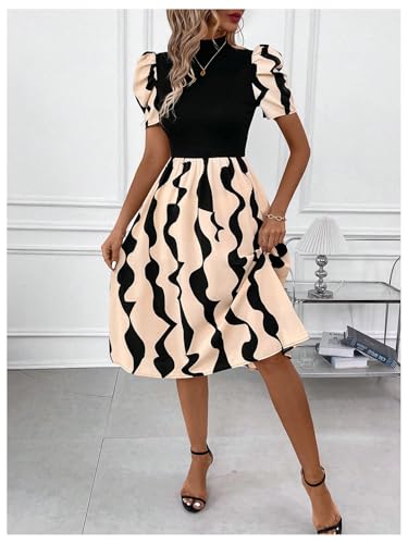 Image of GORGLITTER Women's Short Puff Sleeve Midi Dress Mock Neck Patchwork Flared Night Out Casual Dresses Brown Colorblock Small