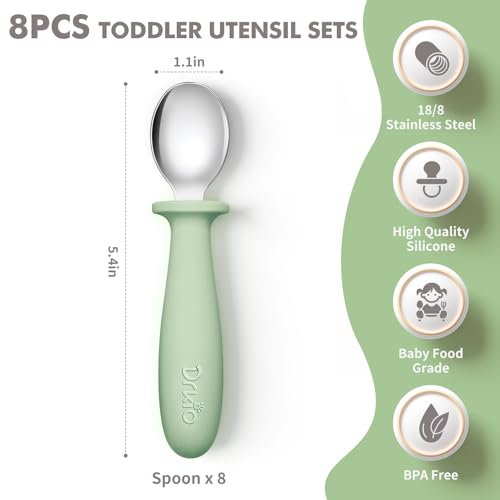DRKIO 8 PCS Toddler Spoons Set - Baby Spoons with Silicone Handle Children safe 18/8 Stainless Steel Toddler Utensils Set for Self Feeding Kids Silverware Anti-Choke Design Food Grade Dishwasher Safe