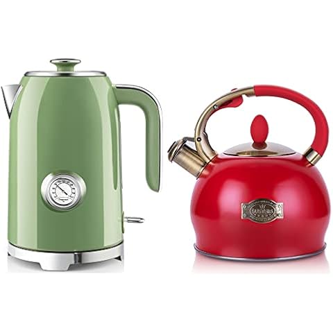 SUSTEAS 2.64 Quart Stove Top Whistling Tea Kettle and 57oz Electric Kettle with Thermometer and SUSTEAS 57oz Electric Kettle with Thermometer Cover