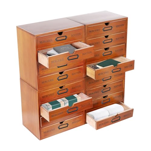 Cajonera organizadora de escritorio, caja de almacenamiento vintage, juego de 4 unidades, 16 cajones, madera de pino, apilable, sin montaje, marrón, para oficina en casa, joyero