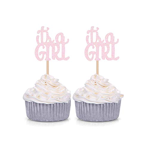 Pink Glitter It's a Girl Cupcake Toppers Gender Reveal Party Baby Shower Decorations Picks - Set of 24