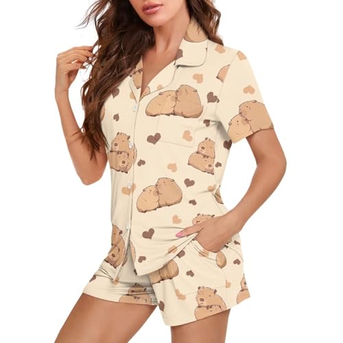 Image of Women's Short Sleeve Sleepwear Pajamas Nightwear with Pockets | skin-friendly breathable material resists pilling fading and deformation after repeated washing