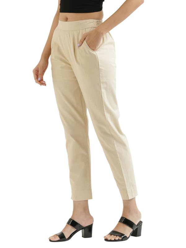 Image of SAADAA Pack of 2 Women's Cotton Pants | Regular Fit Mid-Rise Comfortable Trousers with Pockets | Casual
