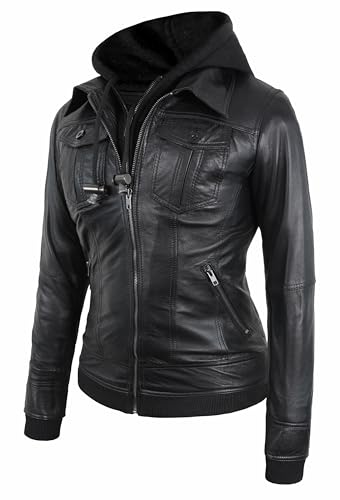 SKY-SELLER Hooded Biker Jacket - Womens Leather Jacket with Hood - Leather Motorcycle Jacket Women2