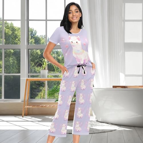 Womens Pajama Sets Two Piece Sleep Shirt Short Sleeve Cartoon Print Pj Set Tops with Pants S-XXL4
