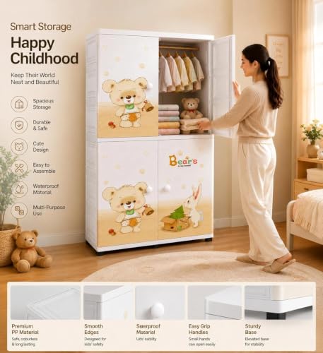 Image of Mevigo 4-Door Plastic Wardrobe for Kids| Almirah and Wardrobe for Baby Clothes| Modular Storage Cabinet with Wheel Organizer for Cupboard Rack for Clothes /Shoes /Books /Toy -White-Cute Bear