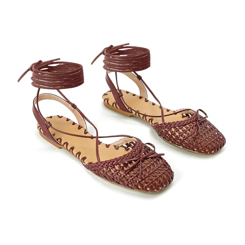 Image of Woven Ballet Flats for Women Lace Up Closed Square Toe Summer Sandals Dressy Shoes