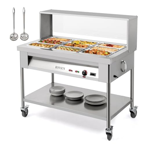 Rovsun FOOD WARMER-4 72Qt Steam Table, 9-Pan Electric Commercial Food Warmer Stainless Steel Bain Marie W/Acrylic Shield Overshelf Undershelf Temperature Control & Lid cover