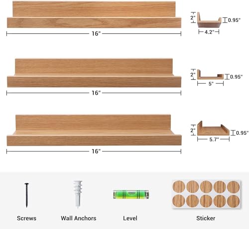 Image of Wooden Floating Wall Shelves Set of 3 for Living Room & Bedroom | Modern Wall Mounted Display Rack for Decor, Photo Frames, Plants & Storage (Natural, 16 Inch)