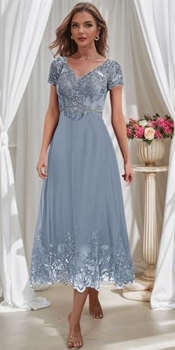 Tea Length Mother of The Bride Dresses for Women V Neck Lace Evening Formal Dress with Sleeves4