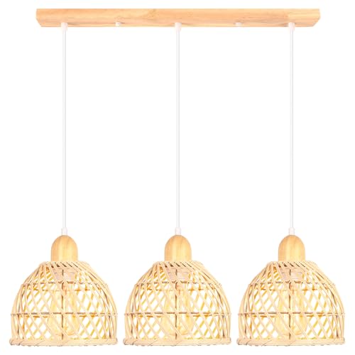 iDEGU 3 Luces Lámpara Colgante Moderna Creativa Lámpara de Techo Interior Diseño Boho en Bambú y Madera Pantalla de Jaula Ratán Vintage Luz Colgante para Salón Comedor Cocina Dormitorio(20cm, Barra)