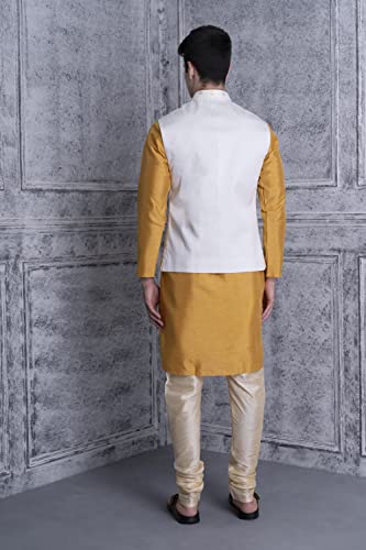 Image of Uri and MacKenzie Men's Silk Blend Regular Kurta Churidar Pyjama with Bundi Nehru Jacket /Waistcoat